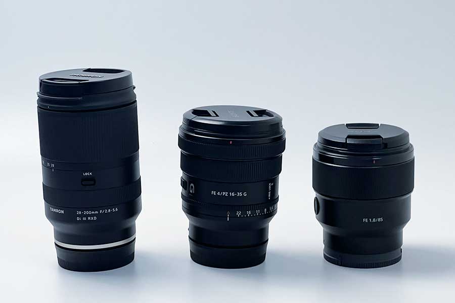 左から「タムロン 28-200mm F/2.8-5.6 Di III RXD」、「SONY FE PZ 16-35mm F4 G(SELP1635G)」、「SONY FE 85mm F1.8(SEL85F18)」